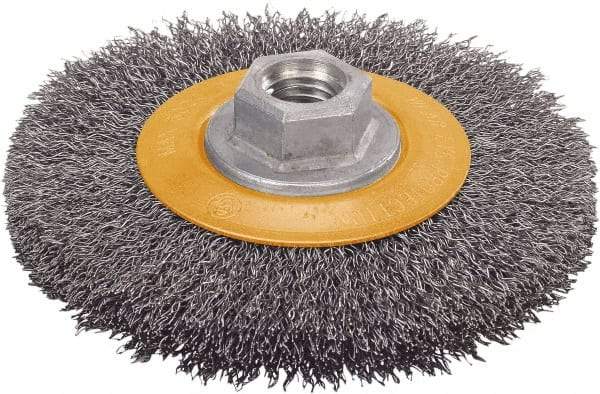 WALTER Surface Technologies - 4-1/2" OD, 5/8-11 Arbor Hole, Crimped Stainless Steel Wheel Brush - 5/8" Face Width, 1" Trim Length, 0.0118" Filament Diam, 12,500 RPM - Exact Industrial Supply