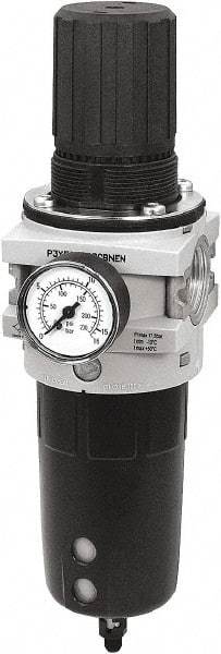 Parker - 3/4" NPT Port Heavy-Duty 1 Piece Filter/Regulator FRL Unit - Polypropylene Bowl, 335 SCFM, 254 Max psi, 13-1/2" High, Manual Drain - Exact Industrial Supply