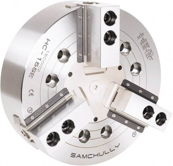 Samchully - 3 Jaw, 530mm Chuck Diam, Plain Back Mount, 0mm Through Hole Diam, Drawbar Hydraulic Power Lathe Chuck - 3mm x 60° Serrated Jaw Interface, 1,940 RPM, Steel Body - Exact Industrial Supply