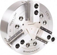 Samchully - 3 Jaw, 530mm Chuck Diam, Plain Back Mount, 0mm Through Hole Diam, Drawbar Hydraulic Power Lathe Chuck - 3mm x 60° Serrated Jaw Interface, 1,940 RPM, Steel Body - Exact Industrial Supply