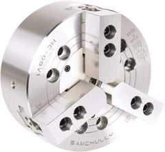 Samchully - 3 Jaw, 110mm Chuck Diam, Plain Back Mount, 0mm Through Hole Diam, Drawbar Hydraulic Power Lathe Chuck - 1.5mm x 60° Serrated Jaw Interface, 6,000 RPM, Steel Body - Exact Industrial Supply