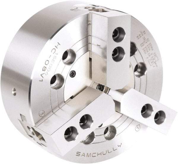 Samchully - 3 Jaw, 800mm Chuck Diam, Plain Back Mount, 0mm Through Hole Diam, Drawbar Hydraulic Power Lathe Chuck - Tongue & Groove Jaw Interface, 800 RPM, Steel Body - Exact Industrial Supply