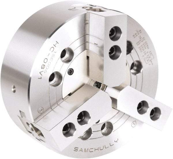 Samchully - 3 Jaw, 165mm Chuck Diam, Plain Back Mount, 0mm Through Hole Diam, Drawbar Hydraulic Power Lathe Chuck - 1.5mm x 60° Serrated Jaw Interface, 5,270 RPM, Steel Body - Exact Industrial Supply