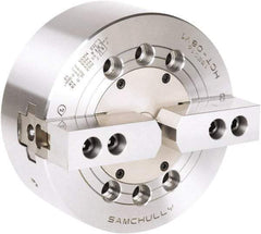 Samchully - 2 Jaw, 210mm Chuck Diam, Plain Back Mount, 0mm Through Hole Diam, Drawbar Hydraulic Power Lathe Chuck - 1.5mm x 60° Serrated Jaw Interface, 4,000 RPM, Steel Body - Exact Industrial Supply