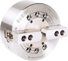 Samchully - 2 Jaw, 304mm Chuck Diam, Plain Back Mount, 0mm Through Hole Diam, Drawbar Hydraulic Power Lathe Chuck - 1.5mm x 60° Serrated Jaw Interface, 2,500 RPM, Steel Body - Exact Industrial Supply