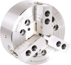 Samchully - 3 Jaw, 304mm Chuck Diam, Plain Back Mount, 0mm Through Hole Diam, Drawbar Hydraulic Power Lathe Chuck - 1.5mm x 60° Serrated Jaw Interface, 2,500 RPM, Steel Body - Exact Industrial Supply
