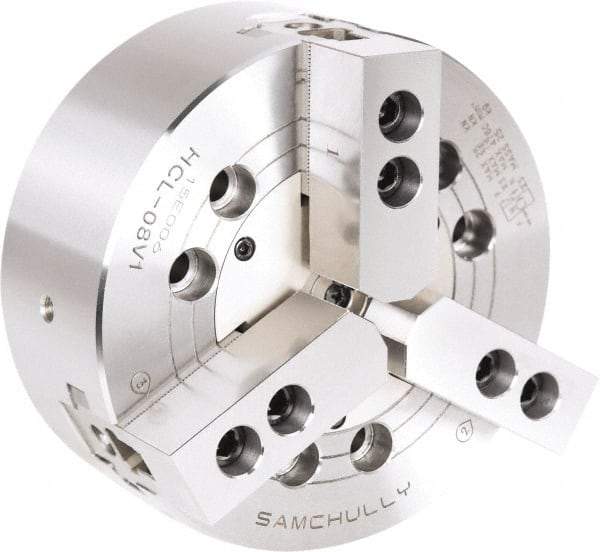 Samchully - 3 Jaw, 254mm Chuck Diam, Plain Back Mount, 0mm Through Hole Diam, Drawbar Hydraulic Power Lathe Chuck - 1.5mm x 60° Serrated Jaw Interface, 3,100 RPM, Steel Body - Exact Industrial Supply
