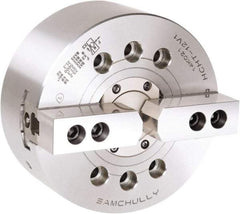 Samchully - 2 Jaw, 381mm Chuck Diam, Plain Back Mount, 0mm Through Hole Diam, Drawtube Hydraulic Power Lathe Chuck - 1.5mm x 60° Serrated Jaw Interface, 2,500 RPM, Steel Body - Exact Industrial Supply