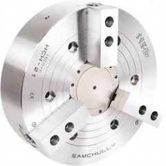 Samchully - 3 Jaw, 450mm Chuck Diam, Plain Back Mount, 117.5mm Through Hole Diam, Drawtube Hydraulic Power Lathe Chuck - 1.5mm x 60° Serrated Jaw Interface, 2,000 RPM, Steel Body - Exact Industrial Supply