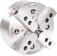 Samchully - 4 Jaw, 450mm Chuck Diam, Plain Back Mount, 0mm Through Hole Diam, Drawbar Hydraulic Power Lathe Chuck - 1.5mm x 60° Serrated Jaw Interface, 2,710 RPM, Steel Body - Exact Industrial Supply