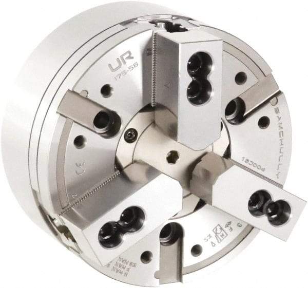 Samchully - 3 Jaw, 210mm Chuck Diam, Plain Back Mount, 66mm Through Hole Diam, Drawtube Hydraulic Power Lathe Chuck - 1/16" x 90° Serrated Jaw Interface, 5,000 RPM, Steel Body - Exact Industrial Supply