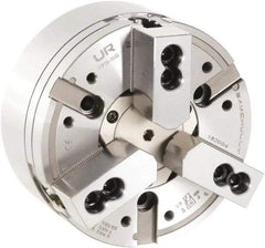Samchully - 3 Jaw, 315mm Chuck Diam, Plain Back Mount, 122mm Through Hole Diam, Drawtube Hydraulic Power Lathe Chuck - 1/16" x 90° Serrated Jaw Interface, 3,200 RPM, Steel Body - Exact Industrial Supply