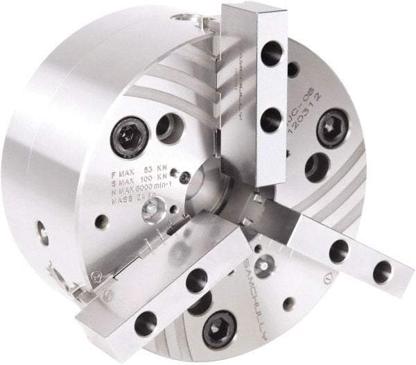 Samchully - 3 Jaw, 400mm Chuck Diam, Plain Back Mount, 128mm Through Hole Diam, Drawtube Hydraulic Power Lathe Chuck - Tongue & Groove Jaw Interface, 3,500 RPM, Steel Body - Exact Industrial Supply