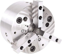 Samchully - 3 Jaw, 500mm Chuck Diam, Plain Back Mount, 155mm Through Hole Diam, Drawtube Hydraulic Power Lathe Chuck - Tongue & Groove Jaw Interface, 2,200 RPM, Steel Body - Exact Industrial Supply
