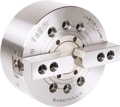 Samchully - 2 Jaw, 210mm Chuck Diam, Plain Back Mount, 66mm Through Hole Diam, Drawtube Hydraulic Power Lathe Chuck - 1.5mm x 60° Serrated Jaw Interface, 5,000 RPM, Steel Body - Exact Industrial Supply