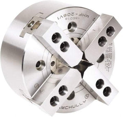 Samchully - 4 Jaw, 210mm Chuck Diam, Plain Back Mount, 66mm Through Hole Diam, Drawtube Hydraulic Power Lathe Chuck - 1.5mm x 60° Serrated Jaw Interface, 5,000 RPM, Steel Body - Exact Industrial Supply