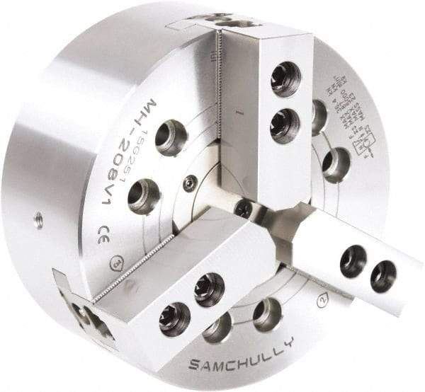 Samchully - 3 Jaw, 530mm Chuck Diam, Plain Back Mount, 166.5mm Through Hole Diam, Drawtube Hydraulic Power Lathe Chuck - 1.5mm x 60° Serrated Jaw Interface, 1,700 RPM, Steel Body - Exact Industrial Supply