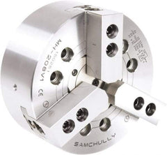 Samchully - 3 Jaw, 530mm Chuck Diam, Plain Back Mount, 166.5mm Through Hole Diam, Drawtube Hydraulic Power Lathe Chuck - 1.5mm x 60° Serrated Jaw Interface, 1,700 RPM, Steel Body - Exact Industrial Supply