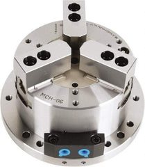 Samchully - 3 Jaw, 300mm Chuck Diam, Plain Back Mount, 0mm Through Hole Diam, Self-Contained Hydraulic Power Lathe Chuck - 1.5mm x 60° Serrated Jaw Interface, Steel Body - Exact Industrial Supply