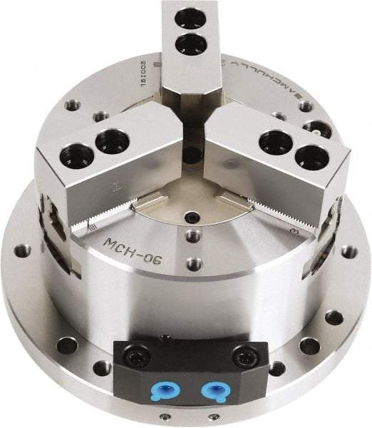 Samchully - 3 Jaw, 210mm Chuck Diam, Plain Back Mount, 0mm Through Hole Diam, Self-Contained Hydraulic Power Lathe Chuck - 1.5mm x 60° Serrated Jaw Interface, Steel Body - Exact Industrial Supply