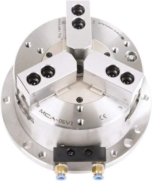 Samchully - 3 Jaw, 300mm Chuck Diam, Plain Back Mount, 0mm Through Hole Diam, Self-Contained Air Power Lathe Chuck - 1.5mm x 60° Serrated Jaw Interface, Steel Body - Exact Industrial Supply