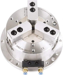 Samchully - 3 Jaw, 300mm Chuck Diam, Plain Back Mount, 0mm Through Hole Diam, Self-Contained Air Power Lathe Chuck - 1.5mm x 60° Serrated Jaw Interface, Steel Body - Exact Industrial Supply