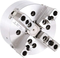 Samchully - 4 Jaw, 304mm Chuck Diam, Plain Back Mount, 0mm Through Hole Diam, Drawbar Hydraulic Power Lathe Chuck - 1.5mm x 60° Serrated Jaw Interface, 3,000 RPM, Steel Body - Exact Industrial Supply
