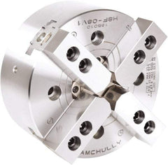 Samchully - 4 Jaw, 304mm Chuck Diam, Plain Back Mount, 91mm Through Hole Diam, Drawtube Hydraulic Power Lathe Chuck - 1.5mm x 60° Serrated Jaw Interface, 3,300 RPM, Steel Body - Exact Industrial Supply