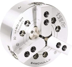 Samchully - 3 Jaw, 254mm Chuck Diam, Plain Back Mount, 77mm Through Hole Diam, Drawtube Hydraulic Power Lathe Chuck - 1.5mm x 60° Serrated Jaw Interface, 4,200 RPM, Steel Body - Exact Industrial Supply