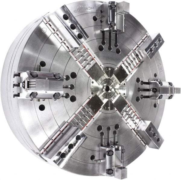Samchully - 4 Jaw, 1400mm Chuck Diam, Plain Back Mount, 0mm Through Hole Diam, Drawbar Hydraulic Power Lathe Chuck - Tongue & Groove Jaw Interface, 400 RPM, Steel Body - Exact Industrial Supply