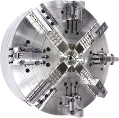 Samchully - 4 Jaw, 1400mm Chuck Diam, Plain Back Mount, 0mm Through Hole Diam, Drawbar Hydraulic Power Lathe Chuck - Tongue & Groove Jaw Interface, 400 RPM, Steel Body - Exact Industrial Supply