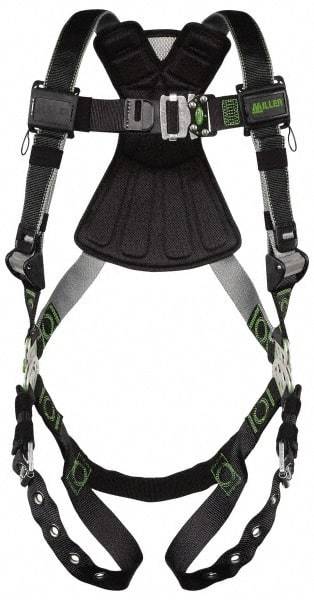 Miller - 400 Lb Capacity, Size Universal, Full Body Construction Safety Harness - Polyester (Outer) & Webbing, Tongue Leg Strap, Quick Connect Chest Strap, Green/Black - Exact Industrial Supply
