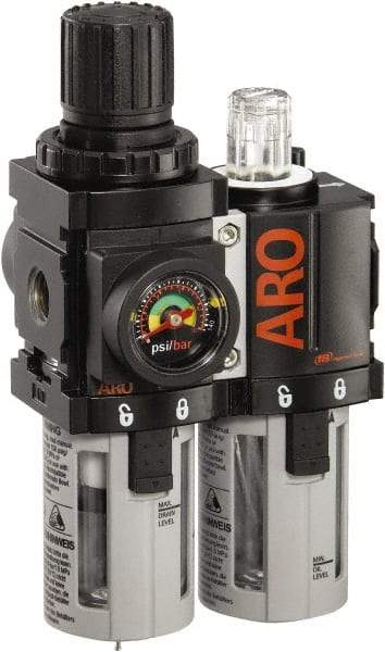 ARO/Ingersoll-Rand - 1/8" NPT Port Miniature 2 Piece Filter/Regulator-Lubricator FRL Unit - Polycarbonate Bowl, 36 SCFM, 150 Max psi, 5.2" High x 3.15" Long, Manual Drain - Exact Industrial Supply