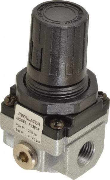 PRO-SOURCE - 1/4 NPT Port, 21 CFM, Aluminum Miniature Regulator - 7 to 145 psi Range, 220 Max psi Supply Pressure, 1/8" Gauge Port Thread, 1.56" Wide x 3.19" High - Exact Industrial Supply