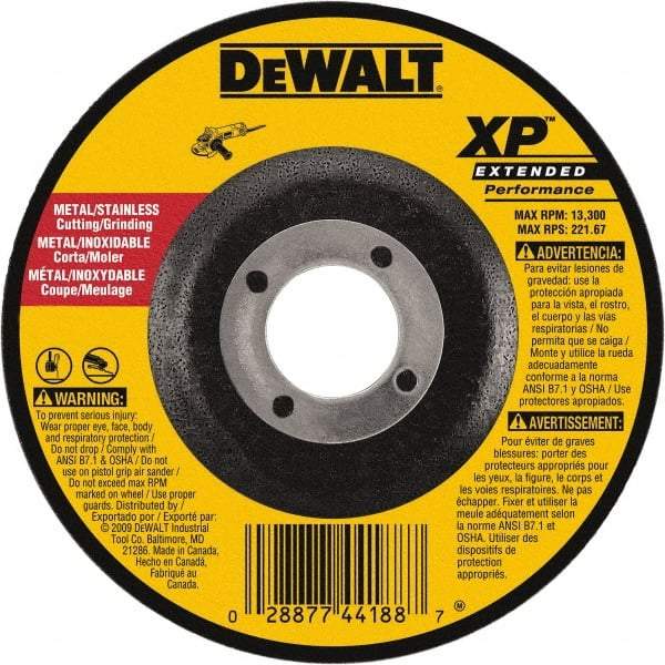 DeWALT - 24 Grit, 9" Wheel Diam, 1/8" Wheel Thickness, 7/8" Arbor Hole, Type 27 Depressed Center Wheel - Zirconia Alumina, Resinoid Bond, 6,600 Max RPM, Compatible with Angle Grinder - Exact Industrial Supply