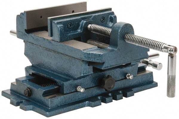 Interstate - 5-3/4" Jaw Opening Capacity x 1-1/2" Throat Depth, Horizontal Drill Press Vise - 6" Wide x 1-31/64" High Jaw, Cross Slide Base, Standard Speed, 11-1/2" OAL x 6.2" Overall Height, Cast Iron - Exact Industrial Supply
