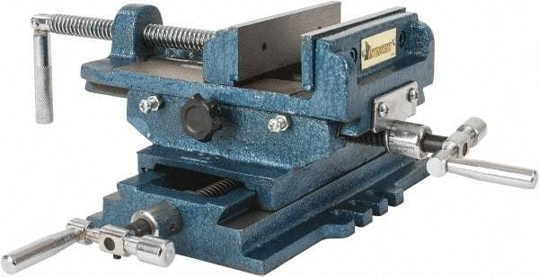 Interstate - 5-5/16" Jaw Opening Capacity x 1-5/16" Throat Depth, Horizontal Drill Press Vise - 5" Wide x 1-5/16" High Jaw, Cross Slide Base, Standard Speed, 10" OAL x 5.3" Overall Height, Cast Iron - Exact Industrial Supply