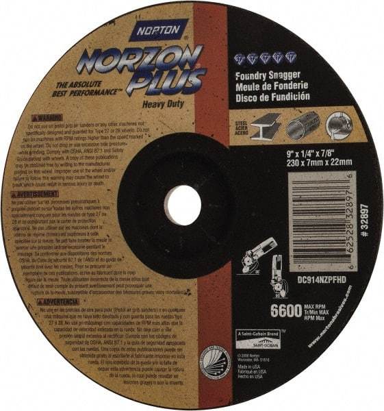 Norton - 9" Wheel Diam, 1/4" Wheel Thickness, 7/8" Arbor Hole, Depressed Center Wheel - Ceramic, Resinoid Bond, 6,600 Max RPM - Exact Industrial Supply