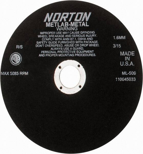 Norton - 9" Aluminum Oxide Cutoff Wheel - 0.063" Thick, 1-1/4" Arbor, 5,085 Max RPM, Use with Stationary Tools - Exact Industrial Supply