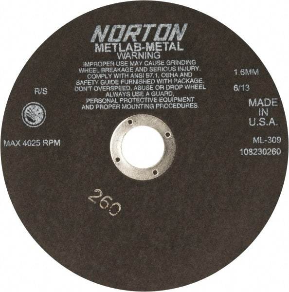 Norton - 9" Aluminum Oxide Cutoff Wheel - 0.063" Thick, 1-1/4" Arbor, 4,025 Max RPM, Use with Stationary Tools - Exact Industrial Supply