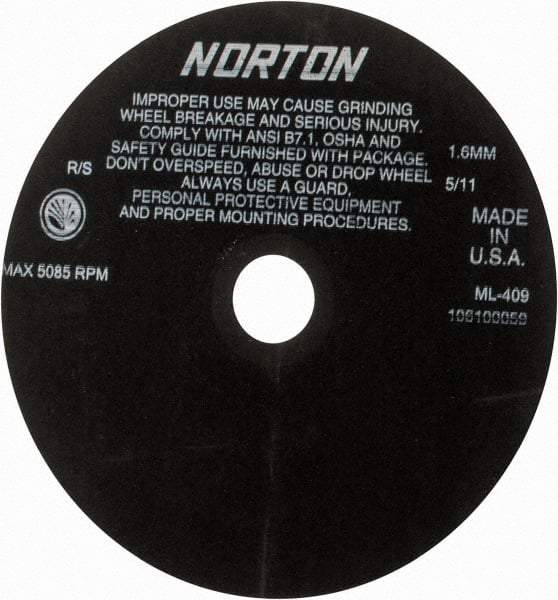 Norton - 9" Aluminum Oxide Cutoff Wheel - 0.063" Thick, 1-1/4" Arbor, 5,085 Max RPM, Use with Stationary Tools - Exact Industrial Supply