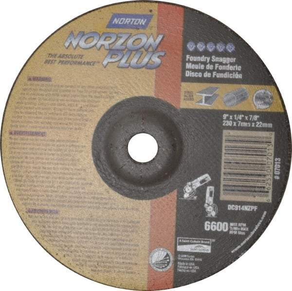 Norton - 9" Wheel Diam, 1/4" Wheel Thickness, 7/8" Arbor Hole, Depressed Center Wheel - Ceramic, Resinoid Bond, 6,600 Max RPM - Exact Industrial Supply