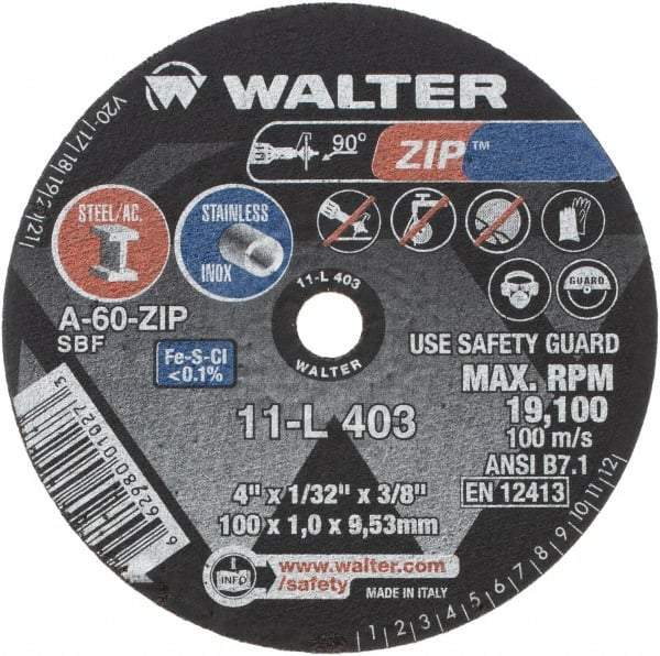 WALTER Surface Technologies - 4" 60 Grit Aluminum Oxide Cutoff Wheel - 1/32" Thick, 3/8" Arbor, 19,100 Max RPM, Use with Die Grinders - Exact Industrial Supply