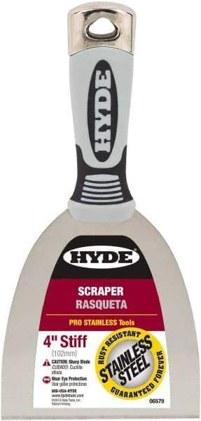 Hyde Tools - Stiff Stainless Steel Stiff Chisel - 4" Blade Width, 4" Long Cushioned Grip/Hammerhead Plastic Overmold Handle - Exact Industrial Supply