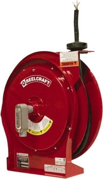 Reelcraft - 12 AWG, 50' Cable Length, Cord & Cable Reel with Flying Lead End - 0 Outlets, 16 Amps, 600 Volts, SEOOW Cable, Red Reel, Spring Driven Reel - Exact Industrial Supply