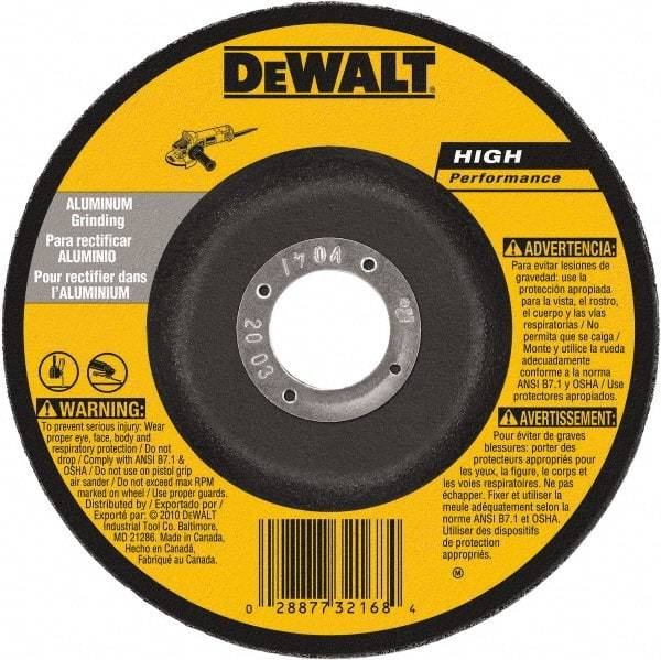 DeWALT - 30 Grit, 5" Wheel Diam, 1/4" Wheel Thickness, 7/8" Arbor Hole, Type 27 Depressed Center Wheel - Aluminum Oxide, 12,200 Max RPM, Compatible with Angle Grinder - Exact Industrial Supply
