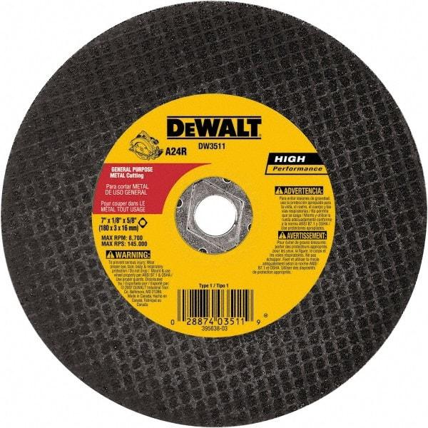 DeWALT - 7" 24 Grit Aluminum Oxide Cutoff Wheel - 1/8" Thick, 5/8" Arbor, 8,700 Max RPM, Use with Angle Grinders - Exact Industrial Supply