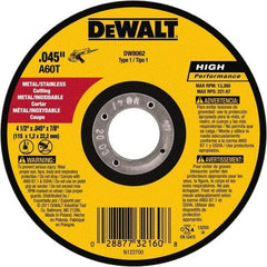DeWALT - 4-1/2" 60 Grit Aluminum Oxide Cutoff Wheel - 0.045" Thick, 7/8" Arbor, 13,300 Max RPM, Use with Angle Grinders - Exact Industrial Supply