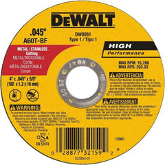 DeWALT - 4" 60 Grit Aluminum Oxide Cutoff Wheel - 0.045" Thick, 5/8" Arbor, 15,200 Max RPM, Use with Angle Grinders - Exact Industrial Supply