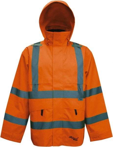 Viking - Size 4XL, High Visibility Orange, Rain, Wind Resistant Jacket - 58" Chest, 4 Pockets, Detachable Hood - Exact Industrial Supply